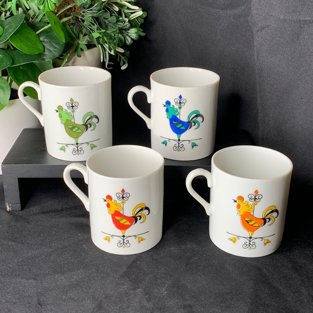Set of 4 vintage Edwin Knowles Rooster weathervane coffee mugs / cups